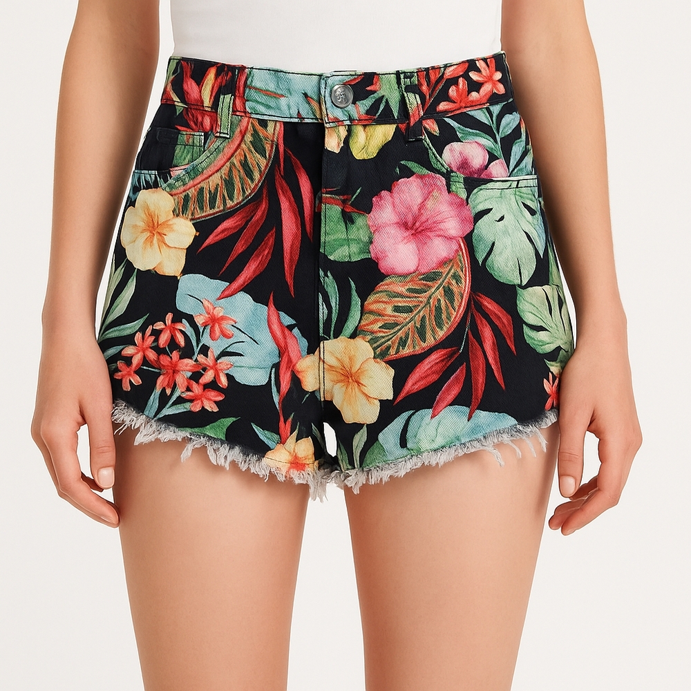 Zara Black and Red High Waist Shorts with Distressed Hem